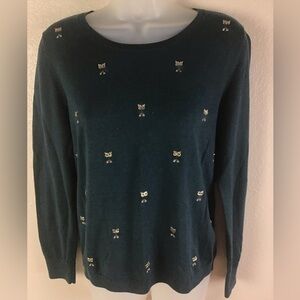 Talbots Women’s MP Bejeweled Owl Sweater Novelty Teal
